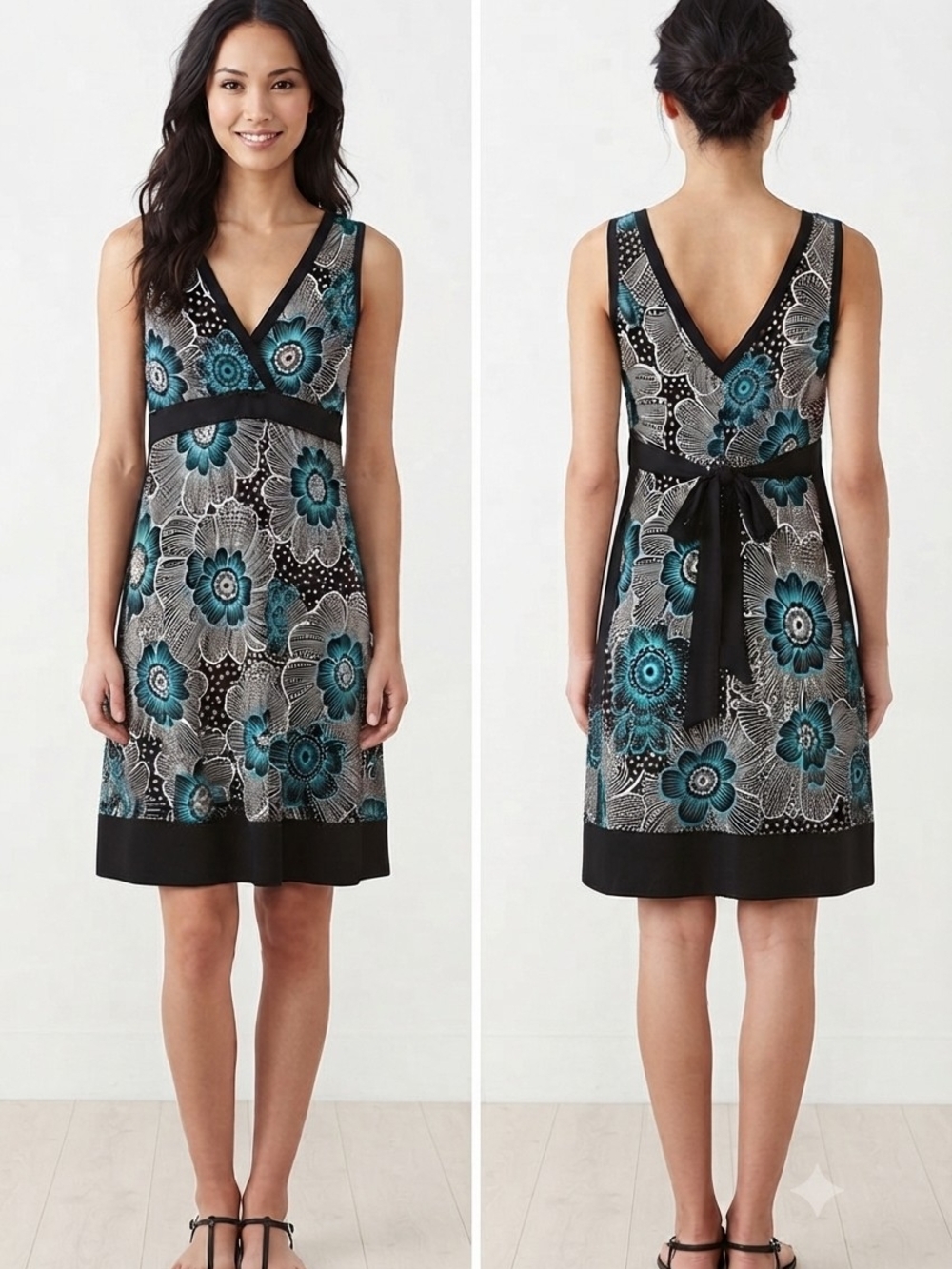 Vintage Sleeveless V-Neck Midi Dress with Teal Floral Print Size Small